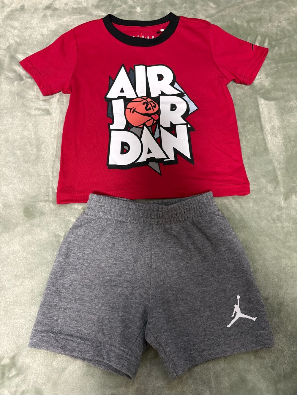 Jordan Red Graphic Tee with Gray Shorts Set